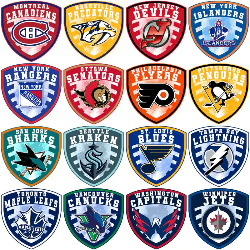 NHL team logos in shield designs for DTF, DTG, embroidery, and tumbler wraps