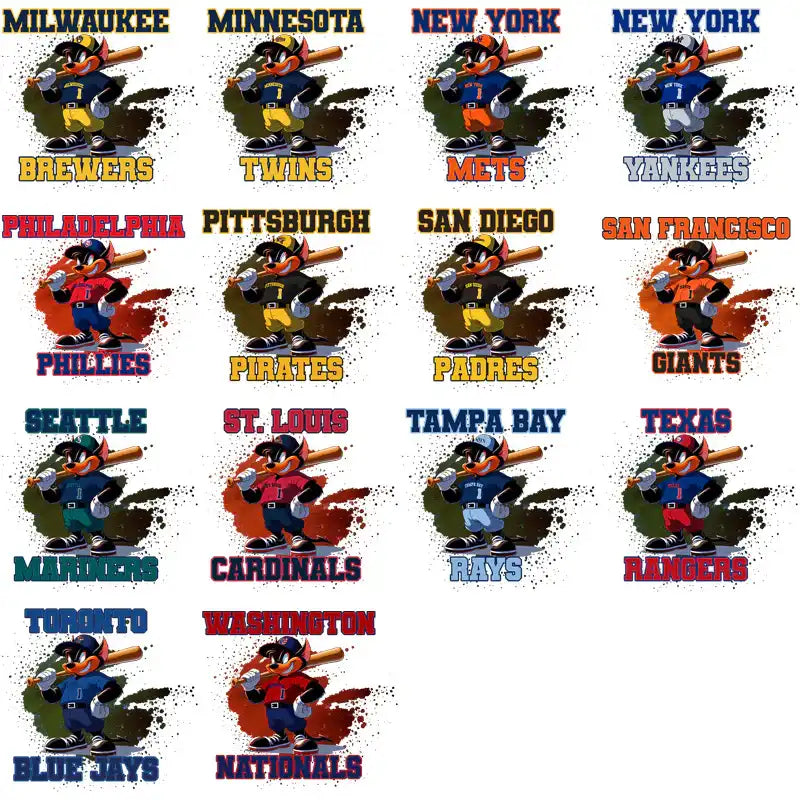 Cartoon baseball players in MLB team uniforms, print-ready designs for DTF/DTG and embroidery.