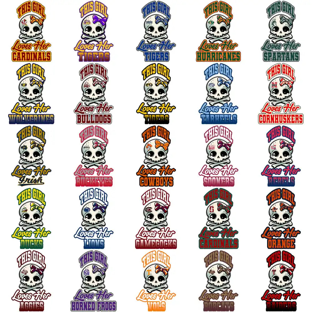 Skull & crossbones designs with 'This Girl Loves Her' team names for DTF, DTG, embroidery