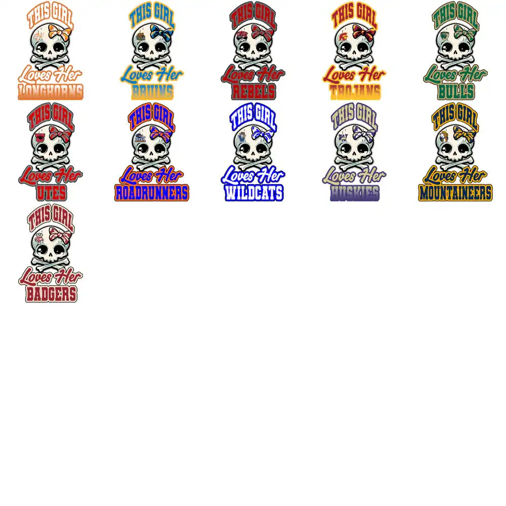 Skull and crossbones designs with 'This Girl Loves Her' team names, print-ready for DTF, DTG, embroidery