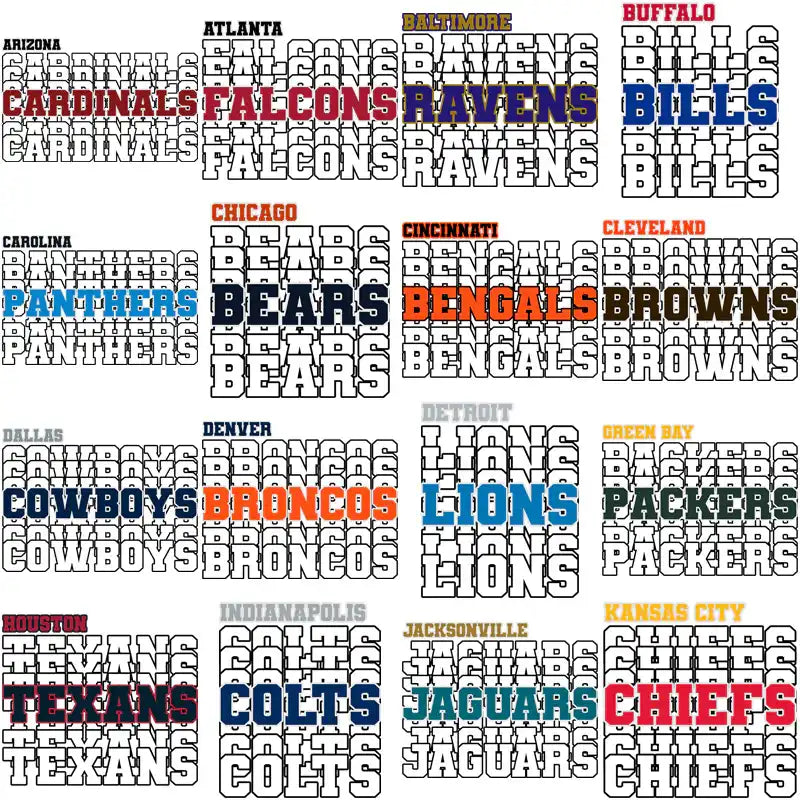 NFL team logos in bold typography for DTF/DTG designs, perfect for print-ready sports apparel.