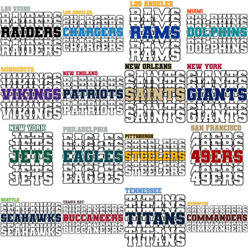NFL team logos including Raiders, Chargers, Rams, Dolphins, Vikings, Patriots, Saints, Giants, Jets, Eagles, Steelers, 49ers, Seahawks, Buccaneers, Titans, Commanders