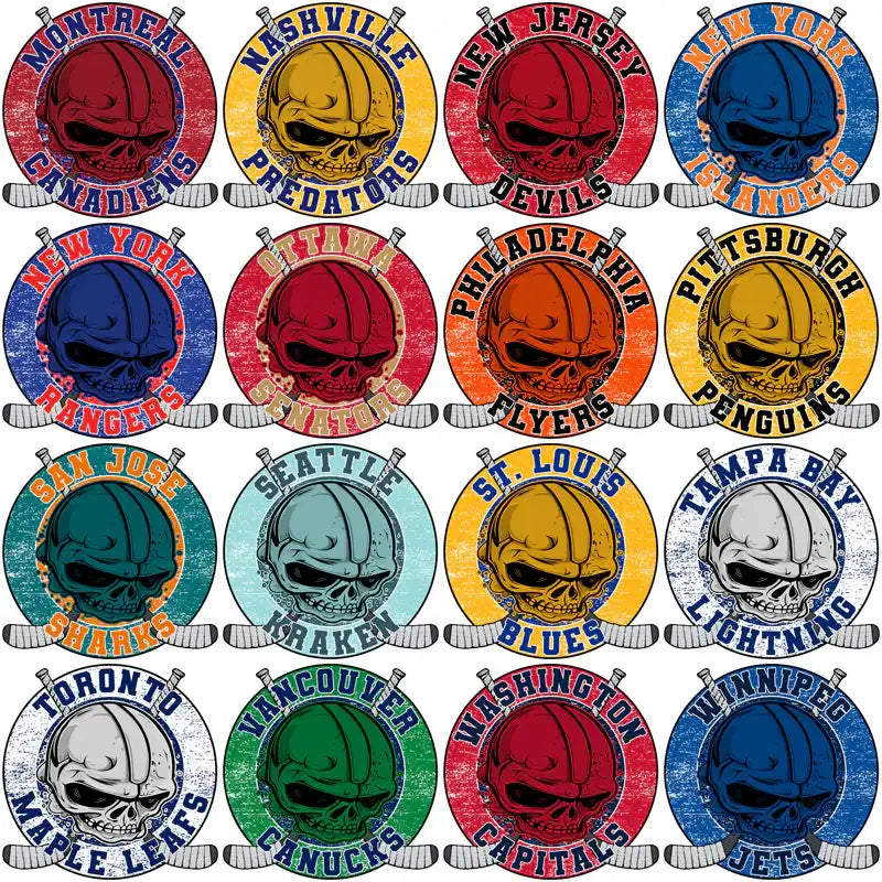 Hockey team skull logos with crossed sticks, print-ready designs for DTF/DTG and embroidery.