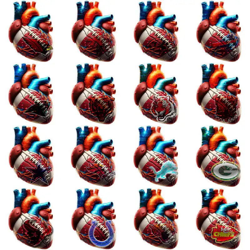 Football-themed anatomical heart designs with team logos for DTF/DTG and embroidery projects