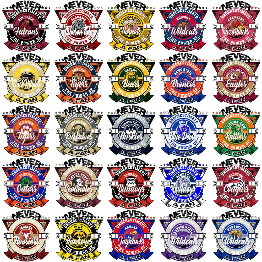 College sports team fan designs with 'Never Underestimate the Power of a Fan' slogan, print-ready for DTG/DTF