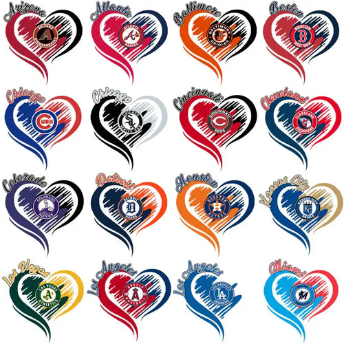 Heart-shaped MLB team logos for DTF/DTG designs, including Arizona, Atlanta, Boston, Chicago, and more.