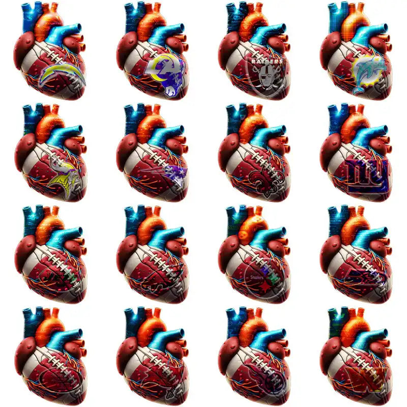 Anatomical heart with football design, NFL team logos, print-ready for DTF DTG embroidery