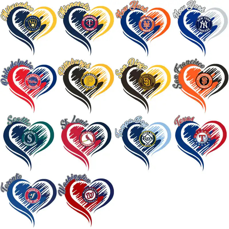 Heart-shaped MLB team logos for print-ready designs, including Yankees, Red Sox, and Dodgers.