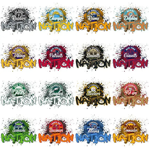 NFL team nation designs for DTF/DTG and embroidery with vibrant splatter effects