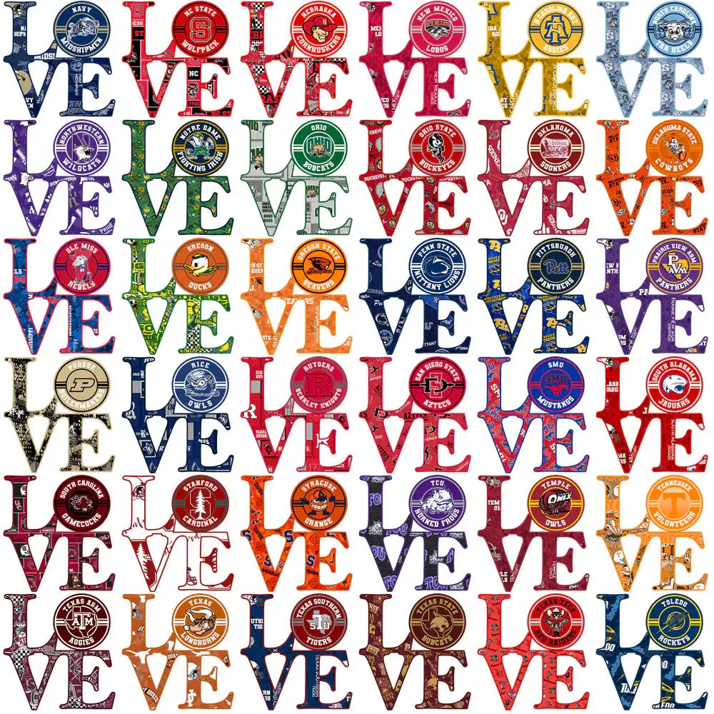 College team logos in colorful 'LOVE' designs for DTF/DTG and embroidery projects