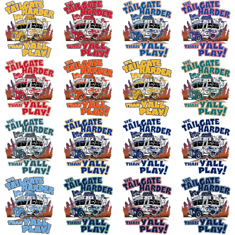 Tailgate harder than y'all play t-shirt designs, DTF/DTG print-ready bundles with trucks & bold text