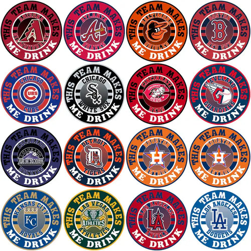 Baseball team logos with 'This Team Makes Me Drink' text, ideal for DTF/DTG designs and tumbler wraps.