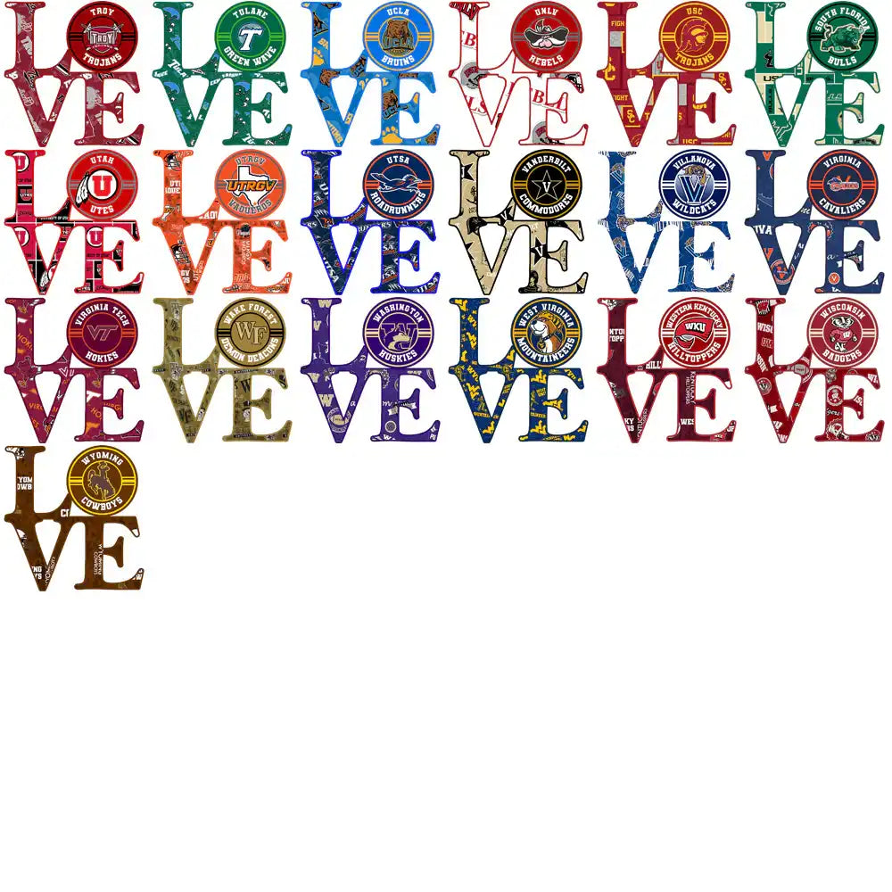College team logos in 'LOVE' designs for DTF/DTG and embroidery, print-ready PNG, SVG, PES