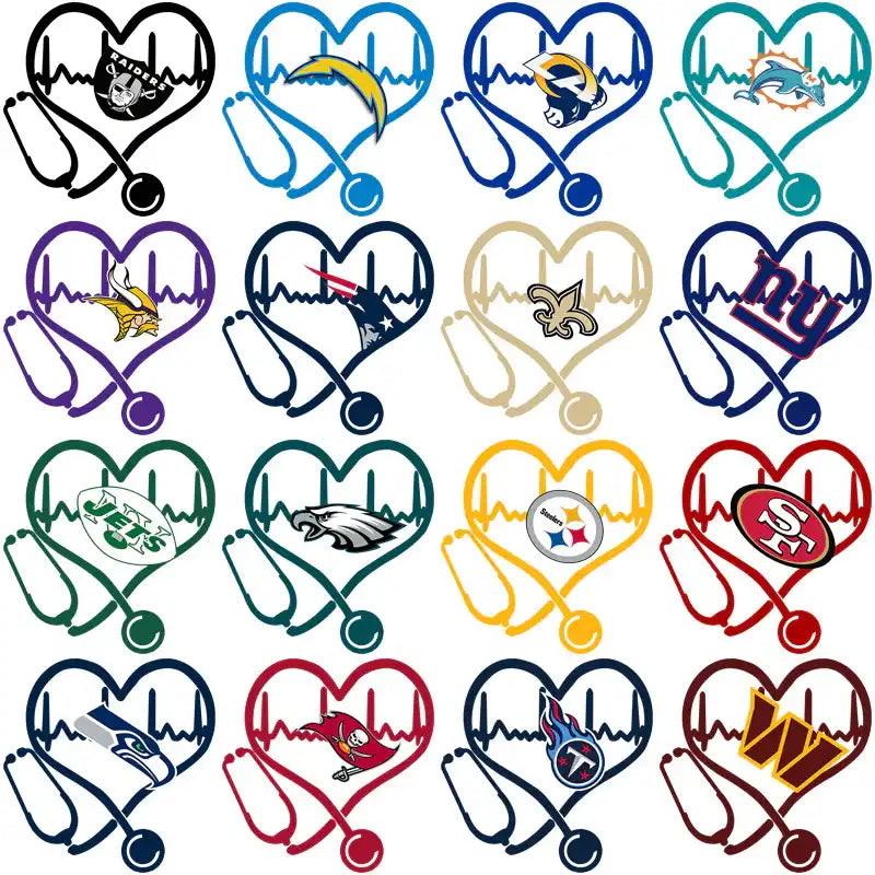 NFL team logos in heart-shaped stethoscope designs for DTF/DTG and embroidery