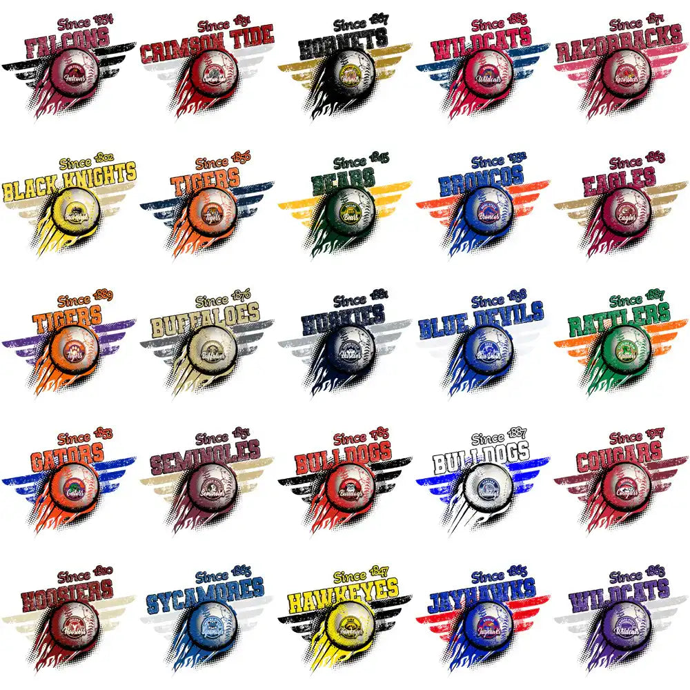 Baseball team logos with wings and vintage style, print-ready for DTF DTG embroidery designs