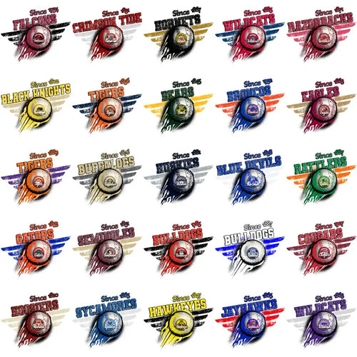 Baseball team logos with wings and vintage style, print-ready for DTF DTG embroidery designs
