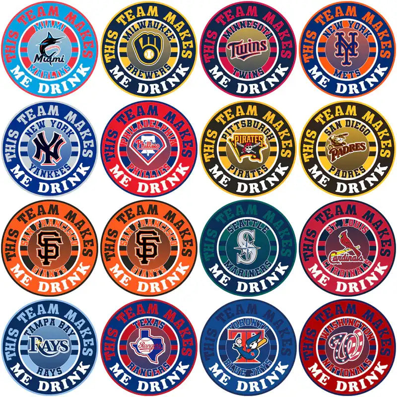 Baseball team-themed drink coasters with logos and 'This Team Makes Me Drink' text.