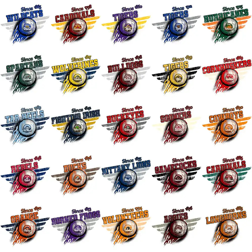 College sports team logos with baseballs, wings, and vintage designs for DTF, DTG, embroidery