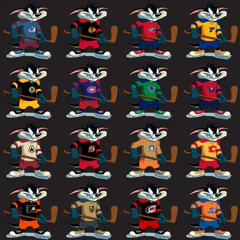 Bugs Bunny in NHL team jerseys with hockey stick, print-ready PNG design for DTF/DTG