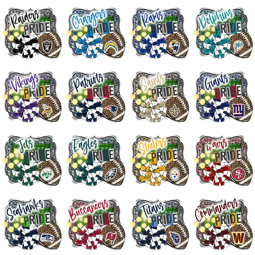 NFL team pride designs with bows, logos, and leopard print footballs for DTF, DTG, embroidery