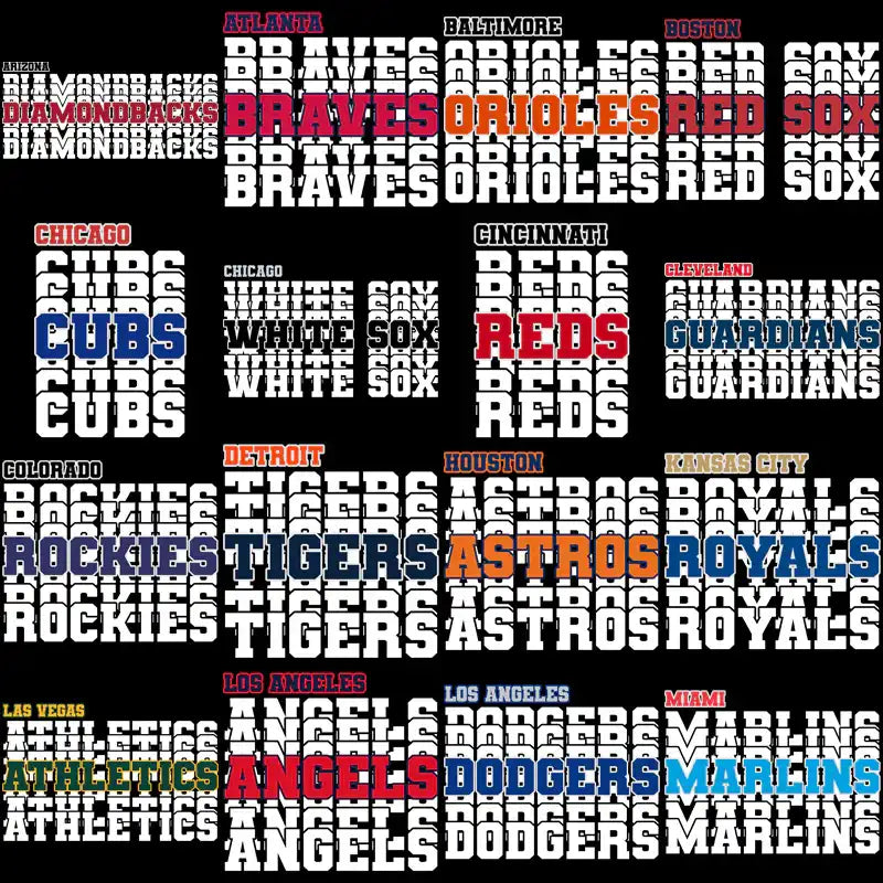 MLB baseball team logos in bold text designs for DTF, DTG, embroidery, and tumbler wraps