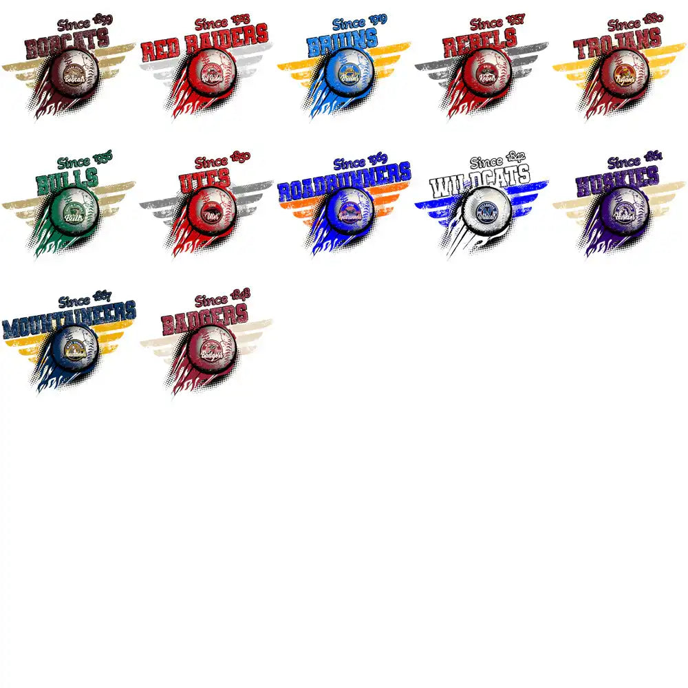Baseball team logos with wings and 'Since' years, print-ready for DTF DTG embroidery designs