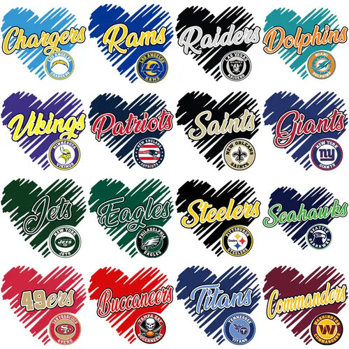 NFL team logos in heart shapes for DTF/DTG designs, print-ready PNG, SVG, PES files
