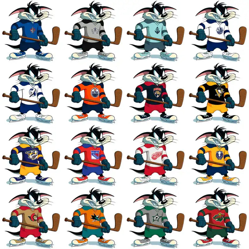 Cartoon cat in hockey jerseys with sticks, print-ready designs for DTF/DTG and embroidery