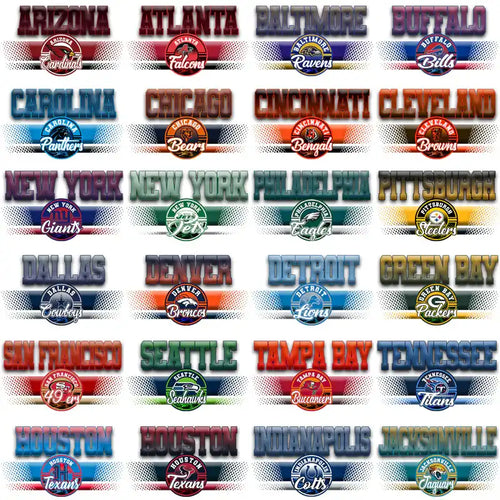 NFL team logos and names for DTF/DTG designs, print-ready PNG, SVG, PES files