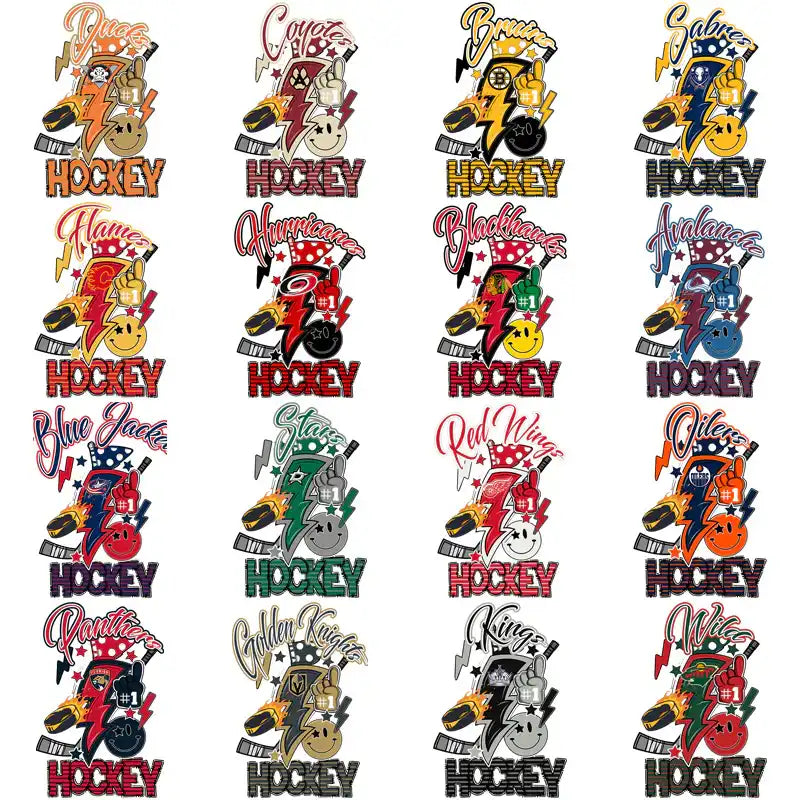 16 hockey team designs with bold text, lightning bolts, and team logos for DTF/DTG printing