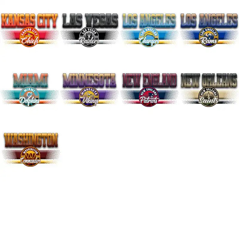 NFL team logos including Chiefs, Raiders, Chargers, Rams, Dolphins, Vikings, Patriots, Saints, and Commanders