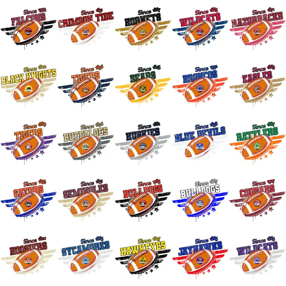 Football team logos with winged designs, vintage style, print-ready for DTG/DTF, embroidery, tumbler wraps