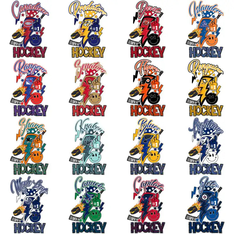 Vibrant hockey team designs with bold logos, lightning bolts, and team names for DTF/DTG printing