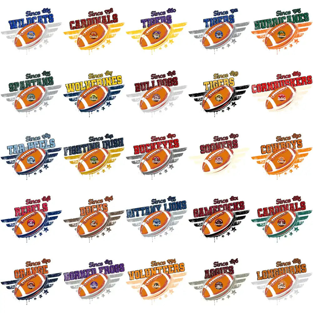 College football team designs with winged footballs, vintage style, for DTG/DTF printing