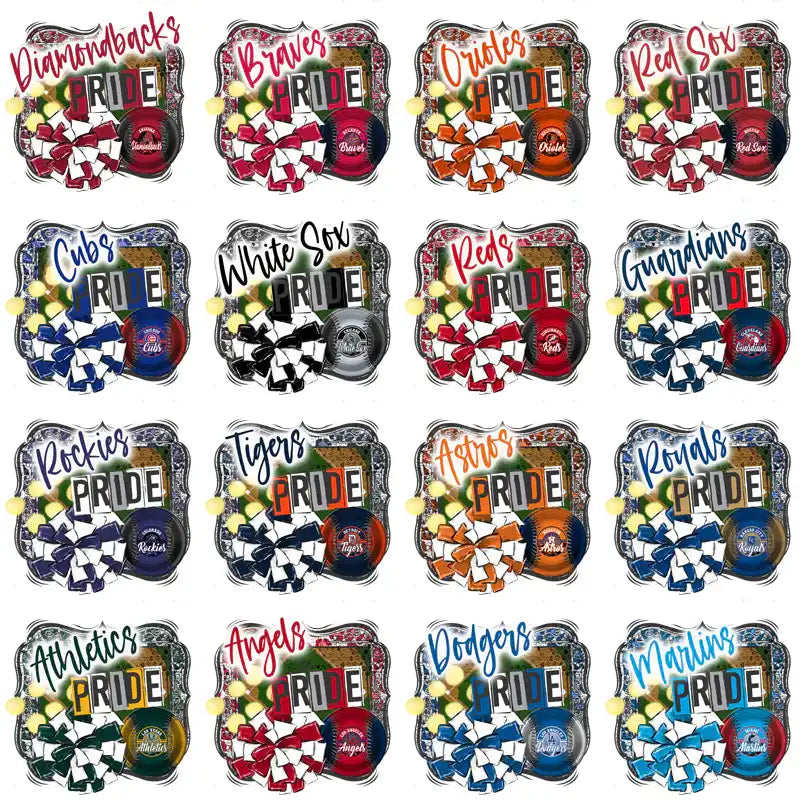 Baseball team pride designs with bows, logos, and team names for DTF/DTG and embroidery projects.
