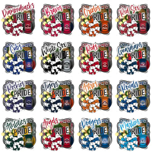 Baseball team pride designs with bows, logos, and team names for DTF/DTG and embroidery projects.