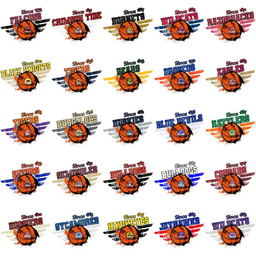 Basketball team logos with wings, vintage sports designs for DTG, DTF, embroidery, and tumbler wraps