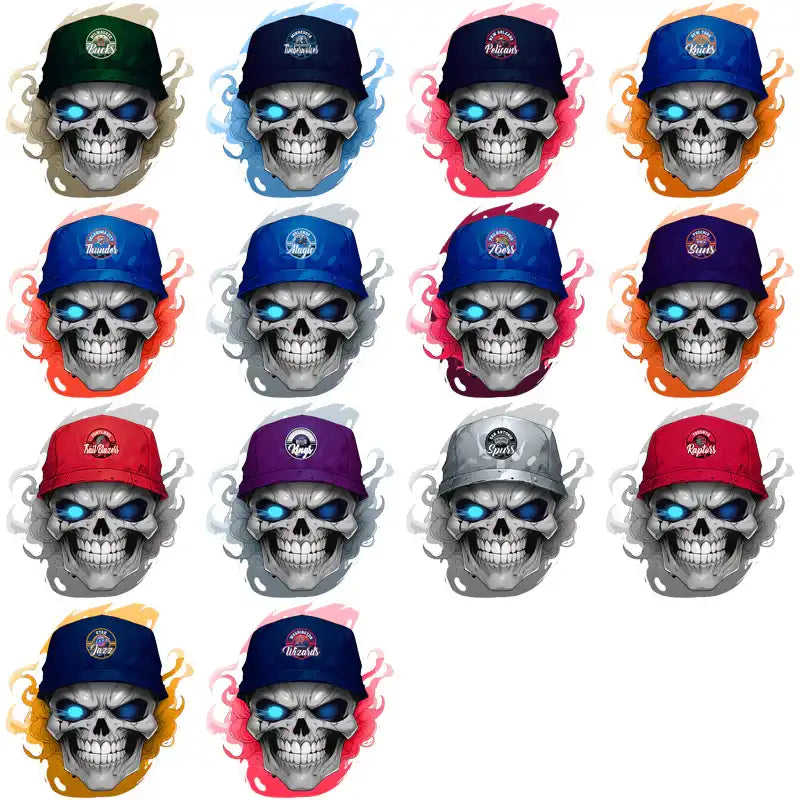 Skull designs with glowing eyes wearing colorful caps, ideal for DTF/DTG and embroidery projects.