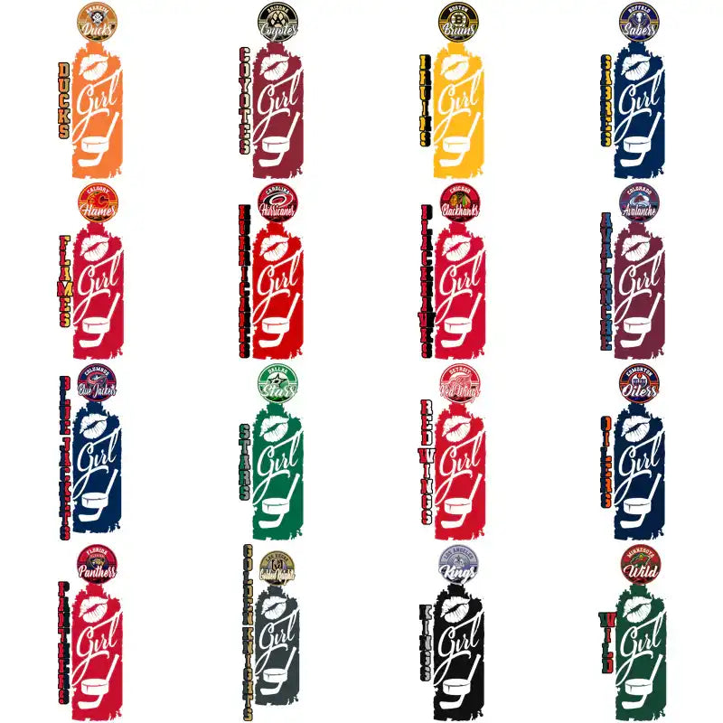 Hockey team-themed 'Girl' designs with lip prints and sticks, ideal for DTF/DTG and embroidery projects.