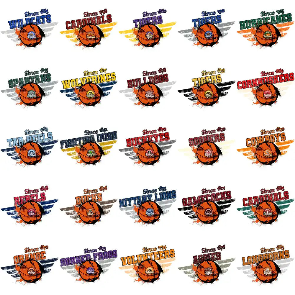 Basketball team designs with wings, vintage style, for DTG/DTF printing, print-ready PNG SVG