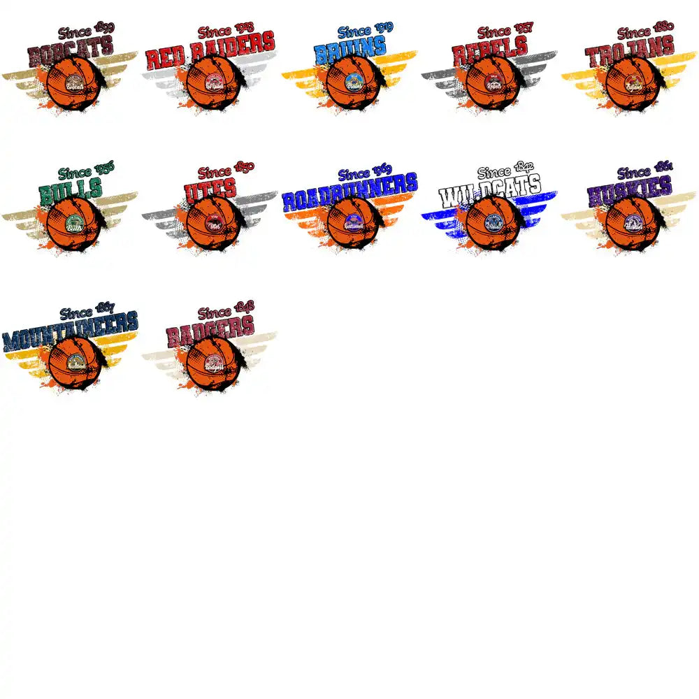 Basketball team logos with wings, vintage style, print-ready for DTG, DTF, embroidery designs