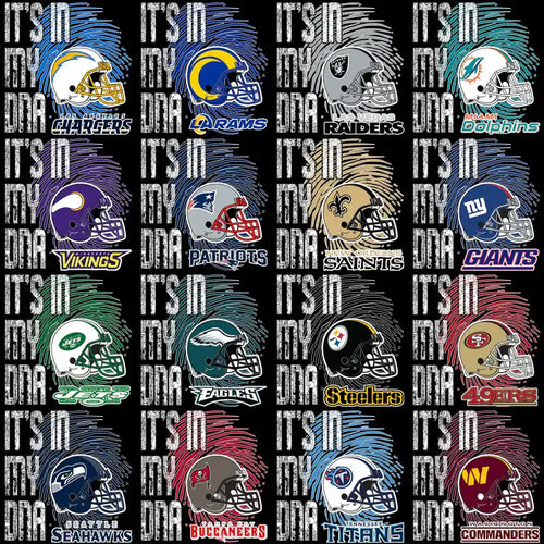 NFL team helmets with 'It's in my DNA' text, print-ready designs for DTF, DTG, embroidery