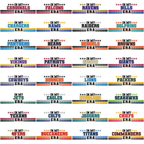 NFL team logos with 'In My Era' text, colorful designs for DTF/DTG and embroidery