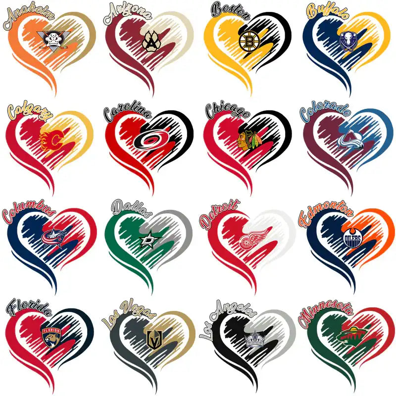 Heart-shaped NHL team logos for DTF/DTG and embroidery designs, featuring vibrant colors and team emblems.