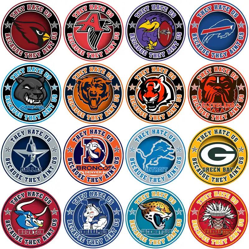NFL team logos with 'They Hate Us Because They Ain't Us' slogan, print-ready designs for DTF, DTG, embroidery