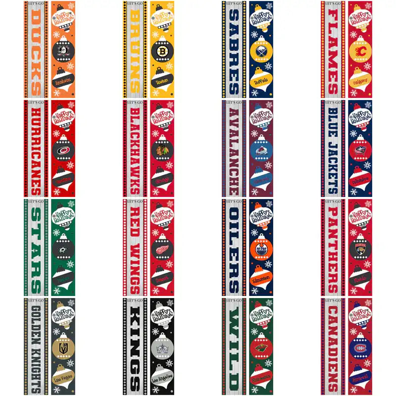 Holiday-themed NHL team banners with festive ornaments and team logos for print-ready designs.
