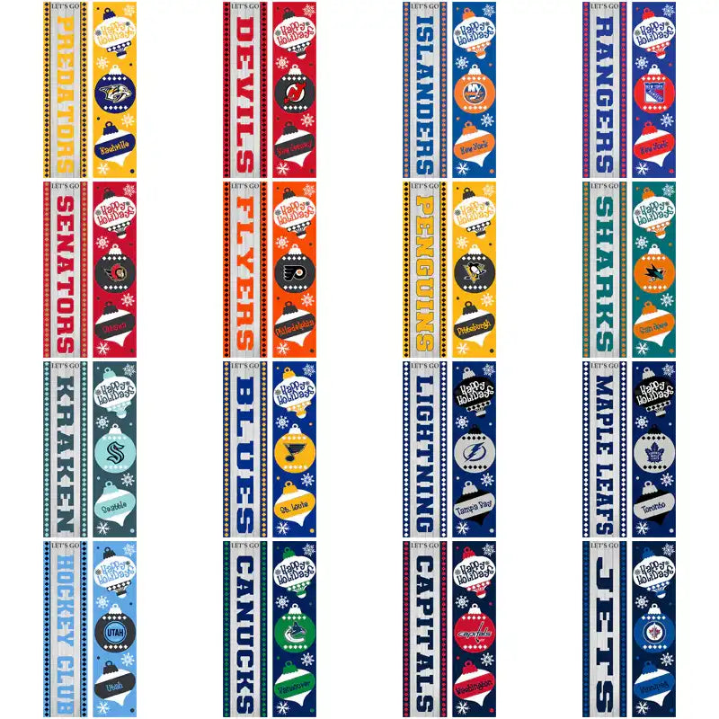 NHL team holiday ornaments with 'Happy Holidays' text, snowflakes, and team logos for DTF/DTG printing