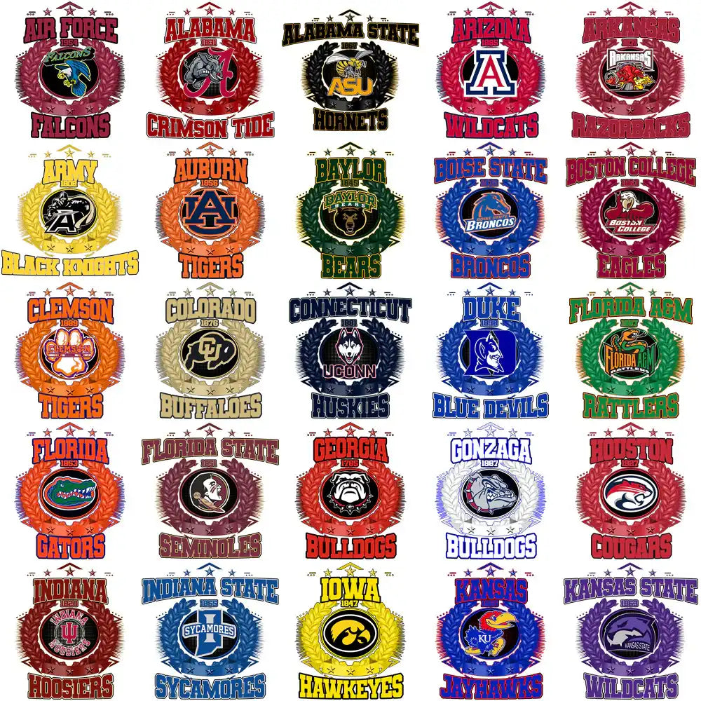 College sports team logos for DTF/DTG and embroidery designs, featuring vibrant mascots and school names.
