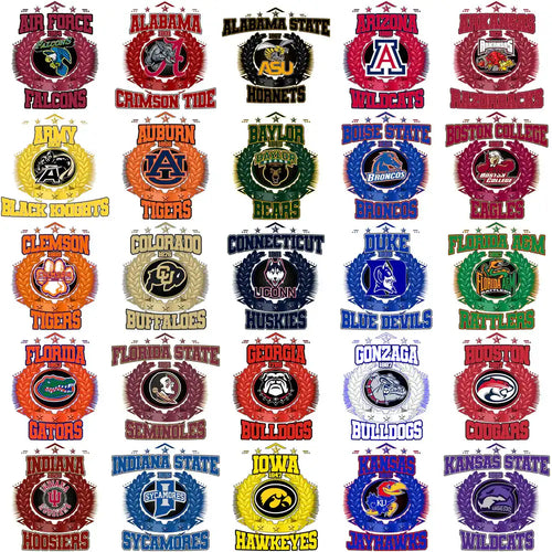 College sports team logos for DTF/DTG and embroidery designs, featuring vibrant mascots and school names.