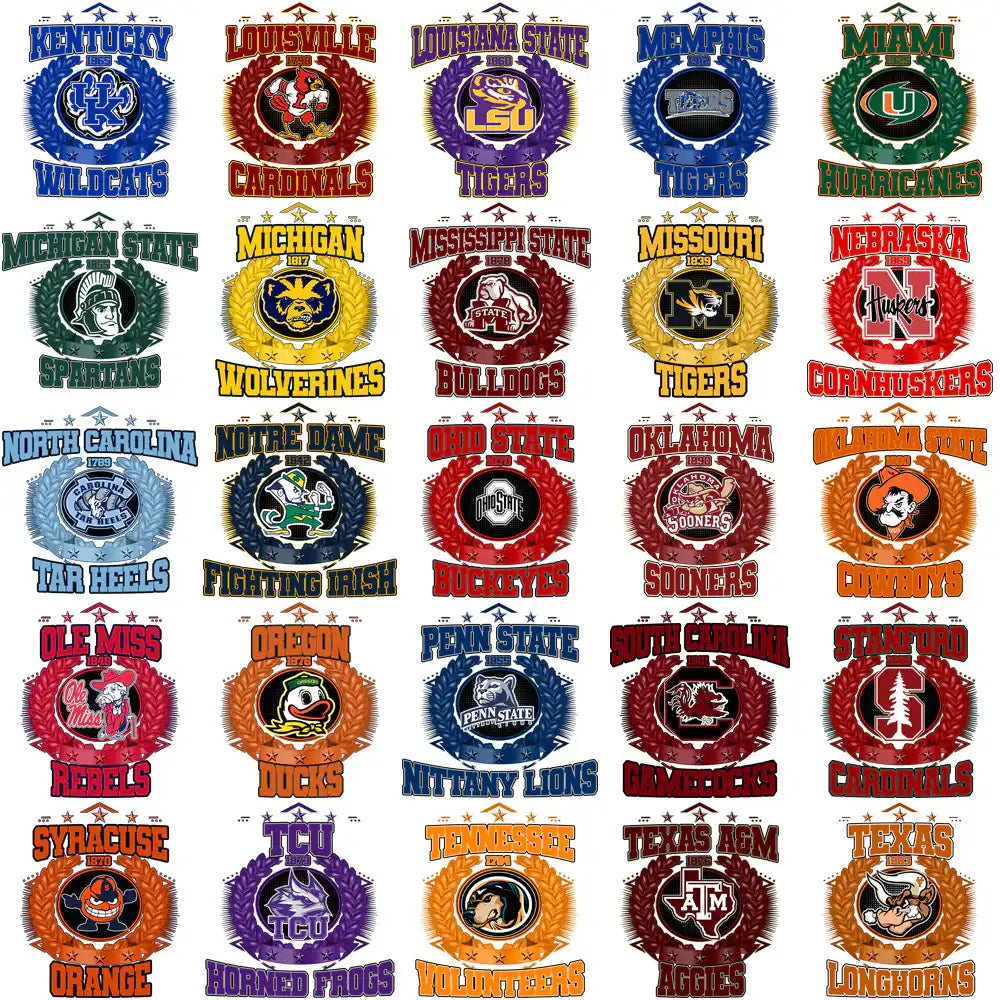 College sports team logos for DTF/DTG and embroidery designs, featuring Wildcats, Tigers, Buckeyes, and more.